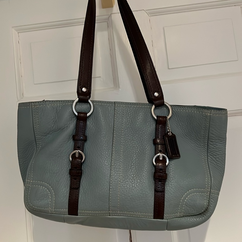 Vintage Coach pebbled leather light blue bag w/ brown straps and silver accents